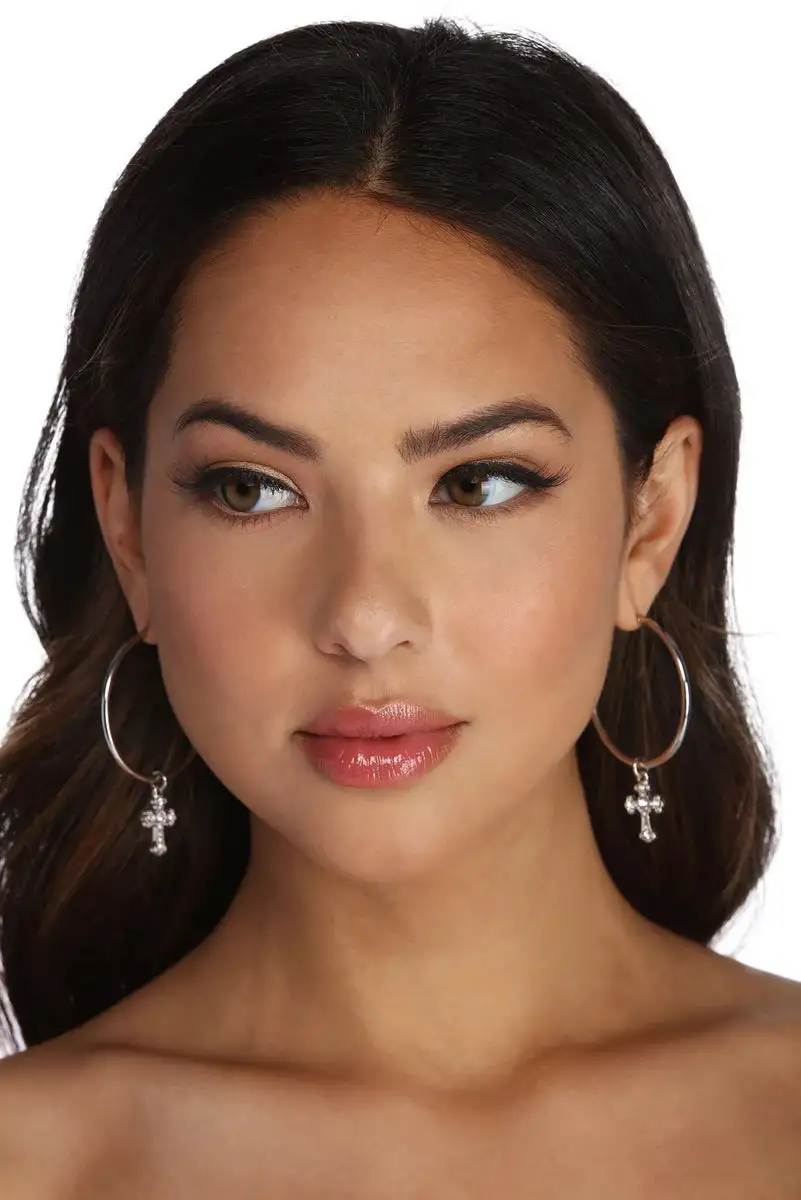 Rhinestone Cross Charm Hoops