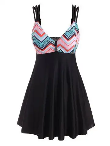 Zig Zag Print Strappy Cut Out Tankini Swimwear - S