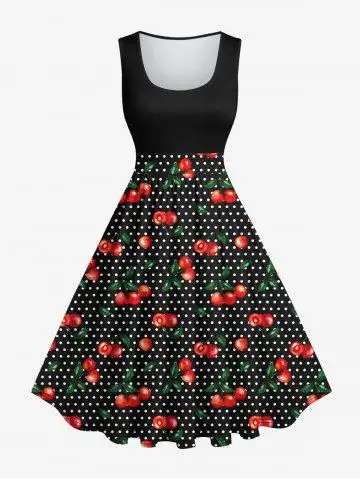 1950s Plus Size Cherry Polka Dots Print Vintage Swing Dress - 1x