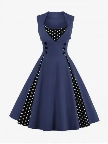 1950s Retro Plus Size Polka Dots Print Patchwork Buttons Side Zipper Vintage Swing Dress - M