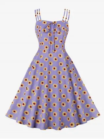 1950s Retro Plus Size Sunflower Print Tie Vintage Cottagecore Dress - 2xl