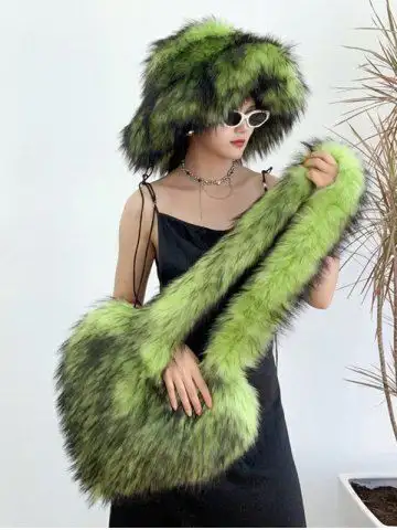 Women's Daily Streetwear Fluffy Fuzzy Furry Faux Fur Matching Bucket Hat Heart Shaped Shoulder Bag Set