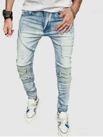 Wrinkle Ripped Design Faded Jeans - 38
