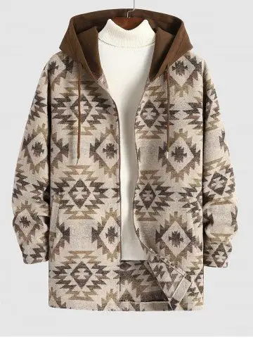Zip Up Longline Woolen Aztec Ethnic Geometric Print Pocket Hooded Coat - L
