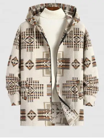 Woolen Aztec Ethnic Geometric Print Pocket Hooded Coat - M
