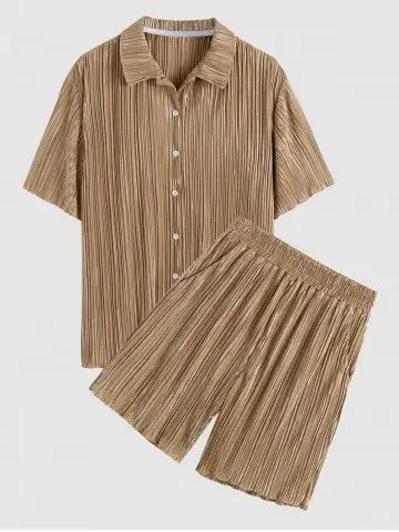 Wrinkle Textured Short Sleeves Shirt and Shorts Set - Xxl