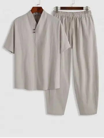 Vintage Style Cotton and Linen Textured Short Sleeves Popover Shirt and Pants Set - S