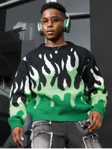 Y2K Aesthetic Flame Graphic Casual Sweater - L