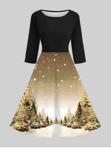 Christmas Snowflake Tree Forest Printed Ombre 50's Vintage Midi Dress - S