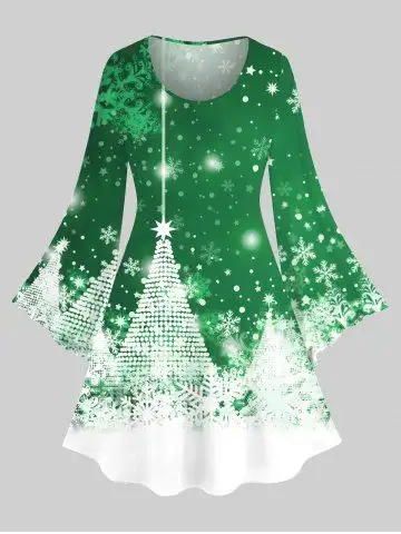 Plus Size Glitter Christmas Tree Snowflake Galaxy Print Flare Sleeves A Line Dress - 6x