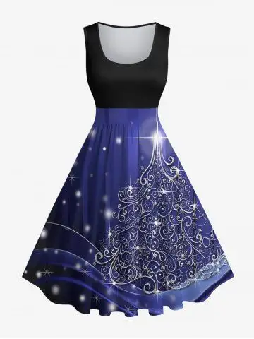 Plus Size Metallic Christmas Tree Glitter 3D Print 1950s Vintage Dress - L