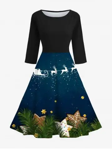 Christmas Elk Glitter Galaxy Snowflake Star Grass Print Midi 50's Vintage Dress - Xl
