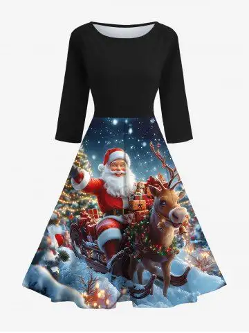 Christmas Tree Light Elk Santa Claus Snowflake Ombre Galaxy Print 50's Vintage Midi Dress - Xl