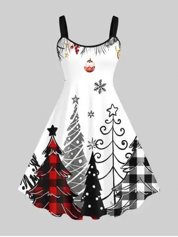 Plus Size Plaid Christmas Tree Snowflake Star Elk Print A Line Tank Dress - 6x