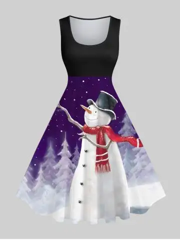 Plus Size Snowman Tree Branch Bird Galaxy Print Christmas Vintage Swing A Line Dress - Xs