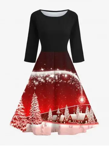 Christmas Tree House Glitter Sparkling Stars Ombre Galaxy Print 50's Vintage Midi Dress - S