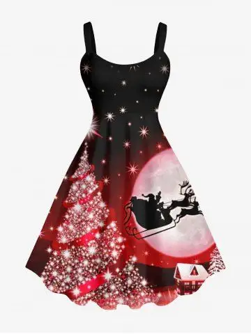 Plus Size Glitter Sparkling Christmas Tree Star Ombre Galaxy Moon Elk Santa Claus Print A Line Tank Dress - 1x