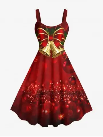 Plus Size Christmas Ball Bell Bowknot Glitter Ombre Print A Line Tank Dress - 6x