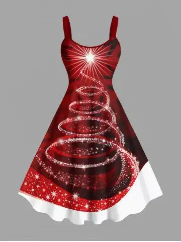 Plus Size Glitter Stars Christmas Tree Ombre Snowflake Print A Line Tank Dress - 4x