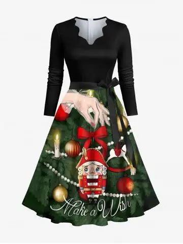 Plus Size Christmas Ball Candle Dolls Print Scalloped Neck A Line Dress with Tied Belt - 5xl