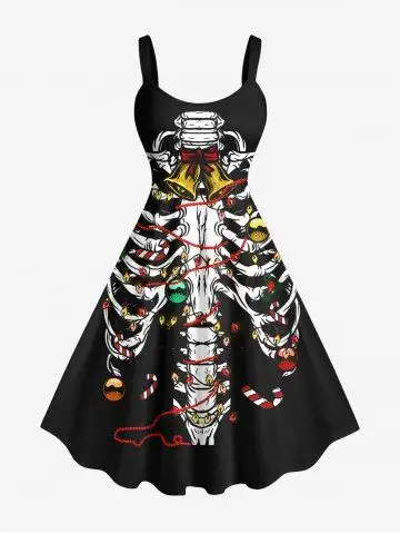 Plus Size Skeleton Christmas Tree Ball Bell Light Candy Print A Line Tank Dress - L
