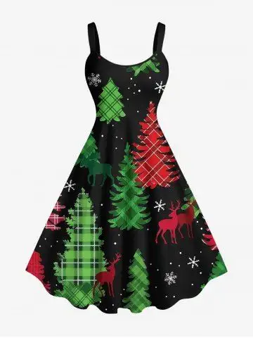 Plus Size Plaid Christmas Tree Snowflake Galaxy Elk Print A Line Dress - 5x