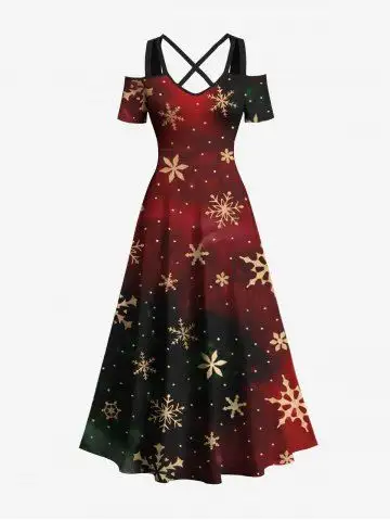 Plus Size Christmas Snowflake Floral Pin Dot Tie Dye Ombre Print Crisscross A Line Maxi Dress - S