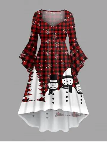 Plus Size Christmas Tree Plaid Snowman Snowflake Print Ruched Flare Sleeve High Low Dress - 3x