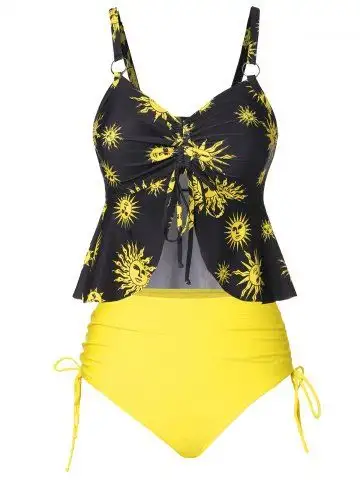 Vintage Sun Print Peplum Tankini Swimsuit - M