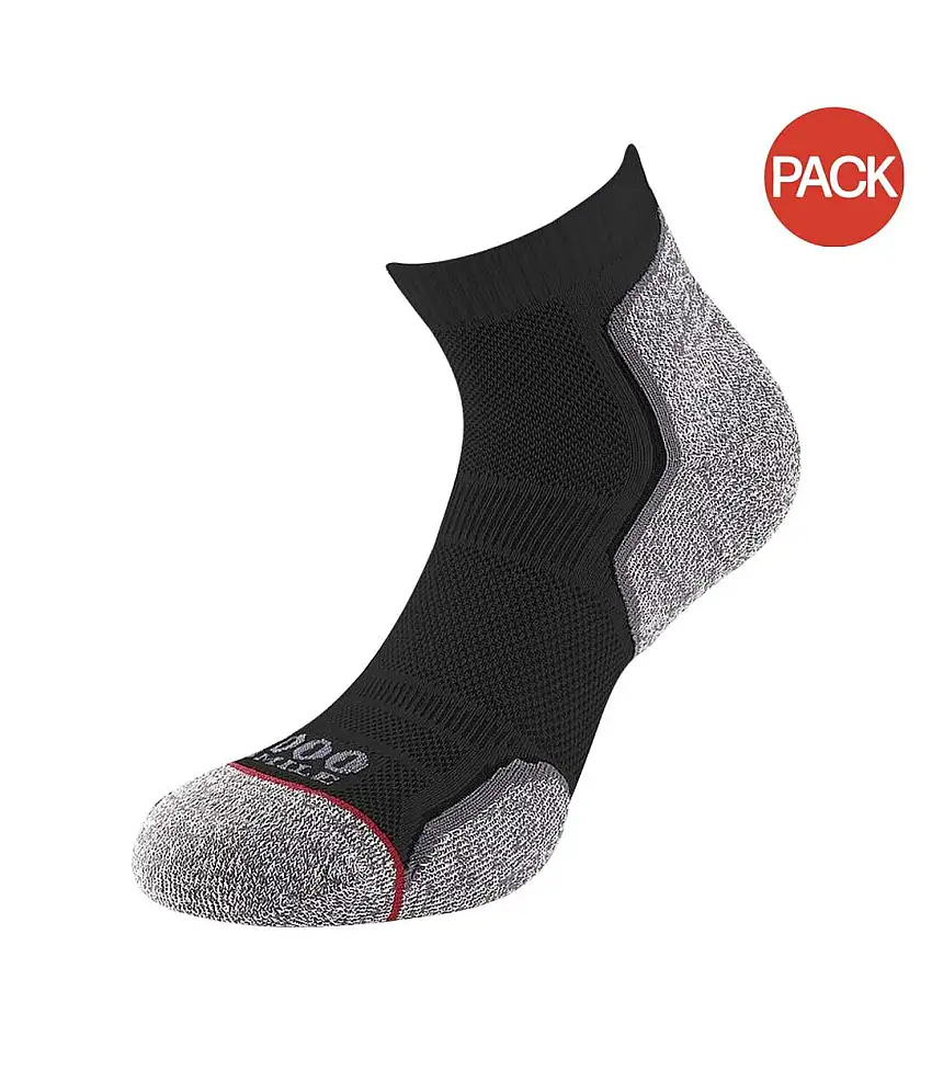 Pack Of 2 Mens Run Recycled Ankle Socks Black Grey 1000 Mile