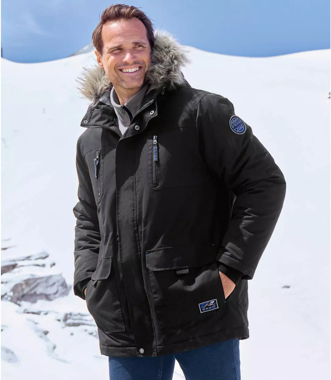 Men's Black Padded Parka with Faux-Fur Hood - Water-Repellent