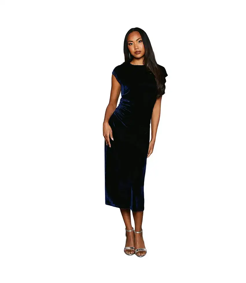 Womens/ladies Velvet Ruched Waist Midi Dress Indigo Principles