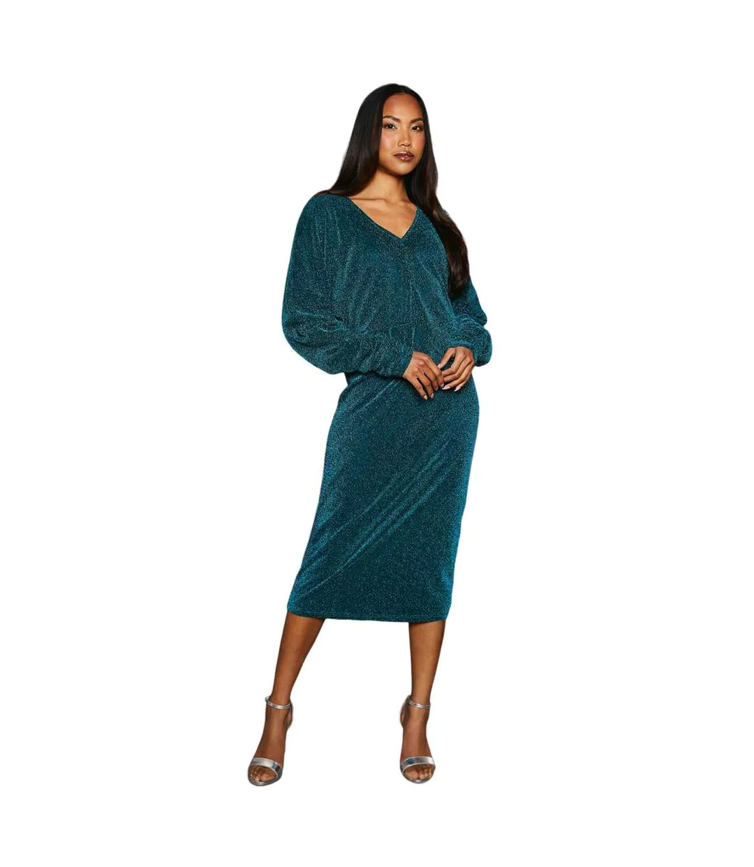 Womens/ladies Metallic Jersey Batwing Midi Dress Green Principles