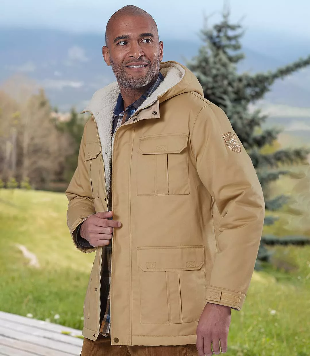 Men's Beige Hooded Parka - Water-Repellent