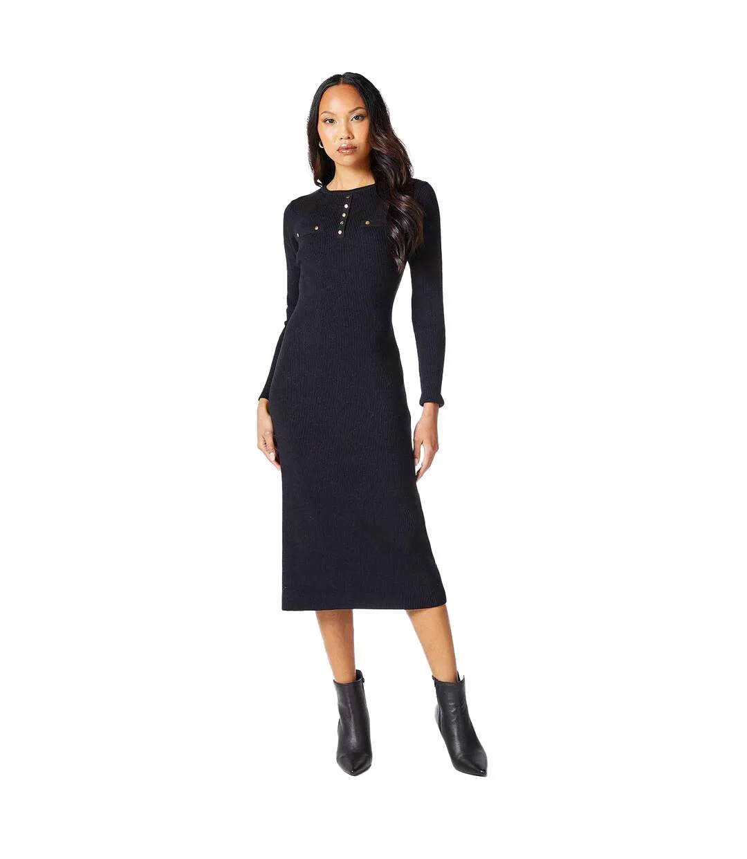 Womens/ladies Knitted Ribbed Button Detail Midi Dress Black Principles