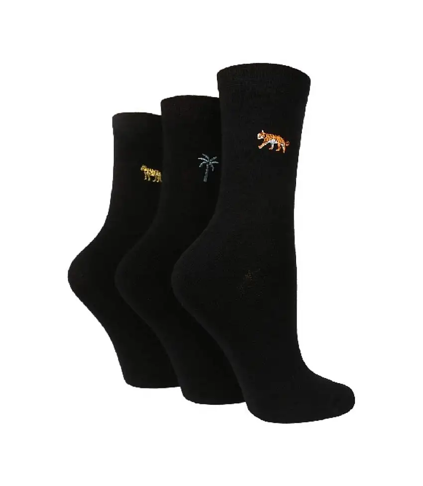 3 Pack Ladies Embroidered Animal Design Cotton Rich Socks