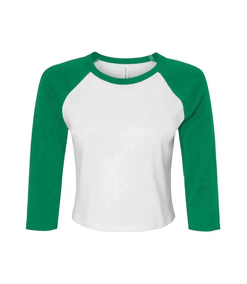 Womens/ladies Micro-rib Raglan 3/4 Sleeve T-shirt White Kelly Green Bella + Canvas
