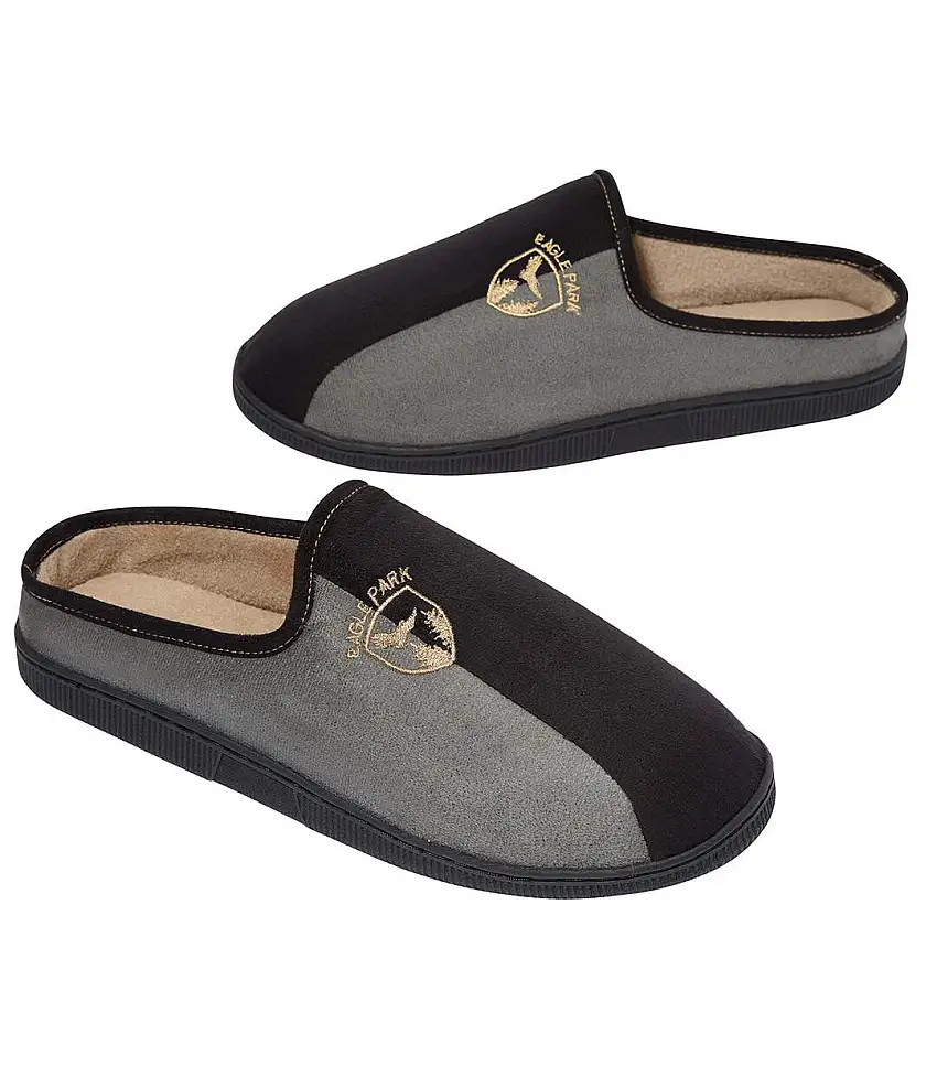Men's Black & Grey Fleece-Lined Slippers
