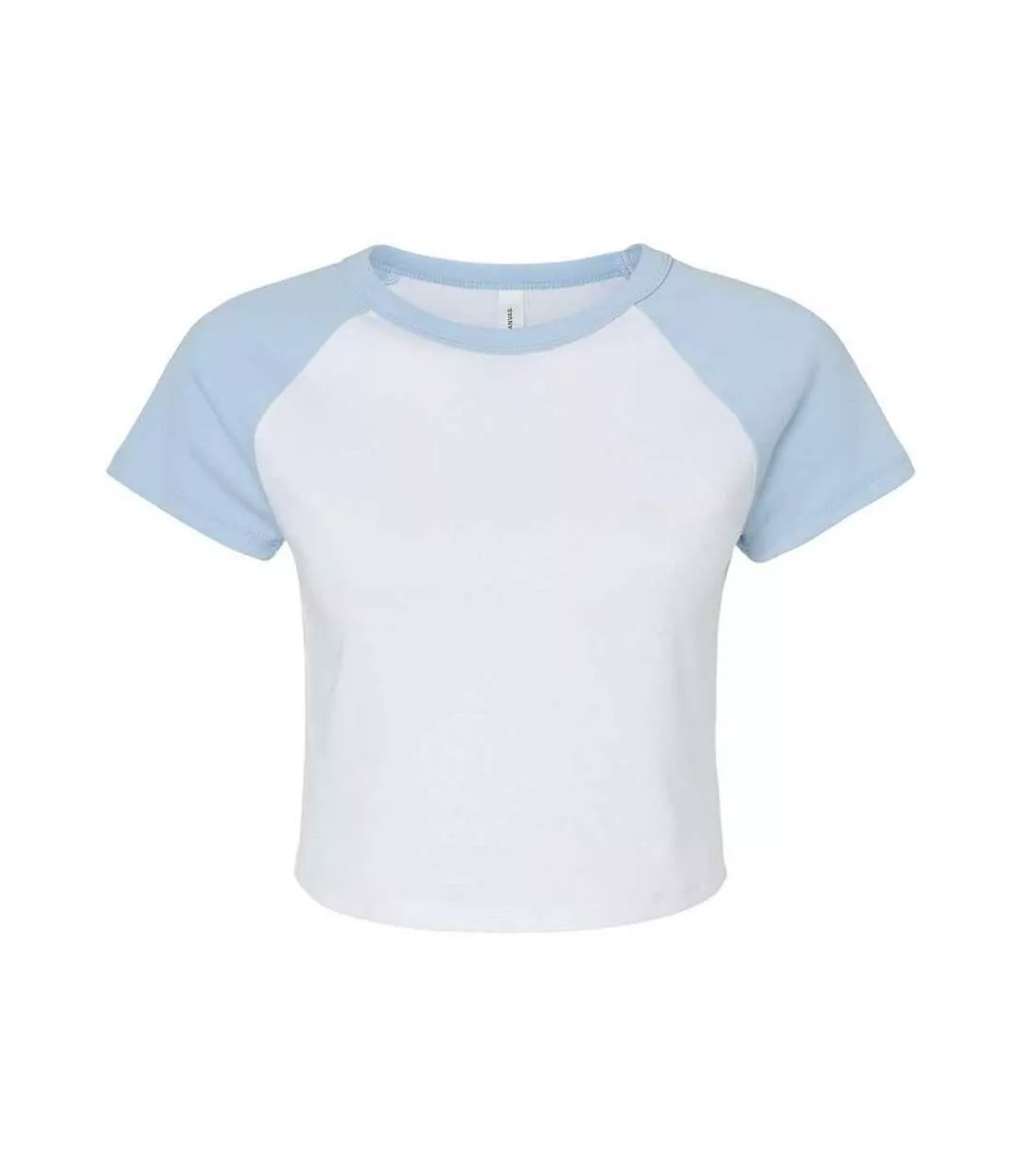 Womens/ladies Micro-rib Raglan Crop Top White Baby Blue Bella + Canvas