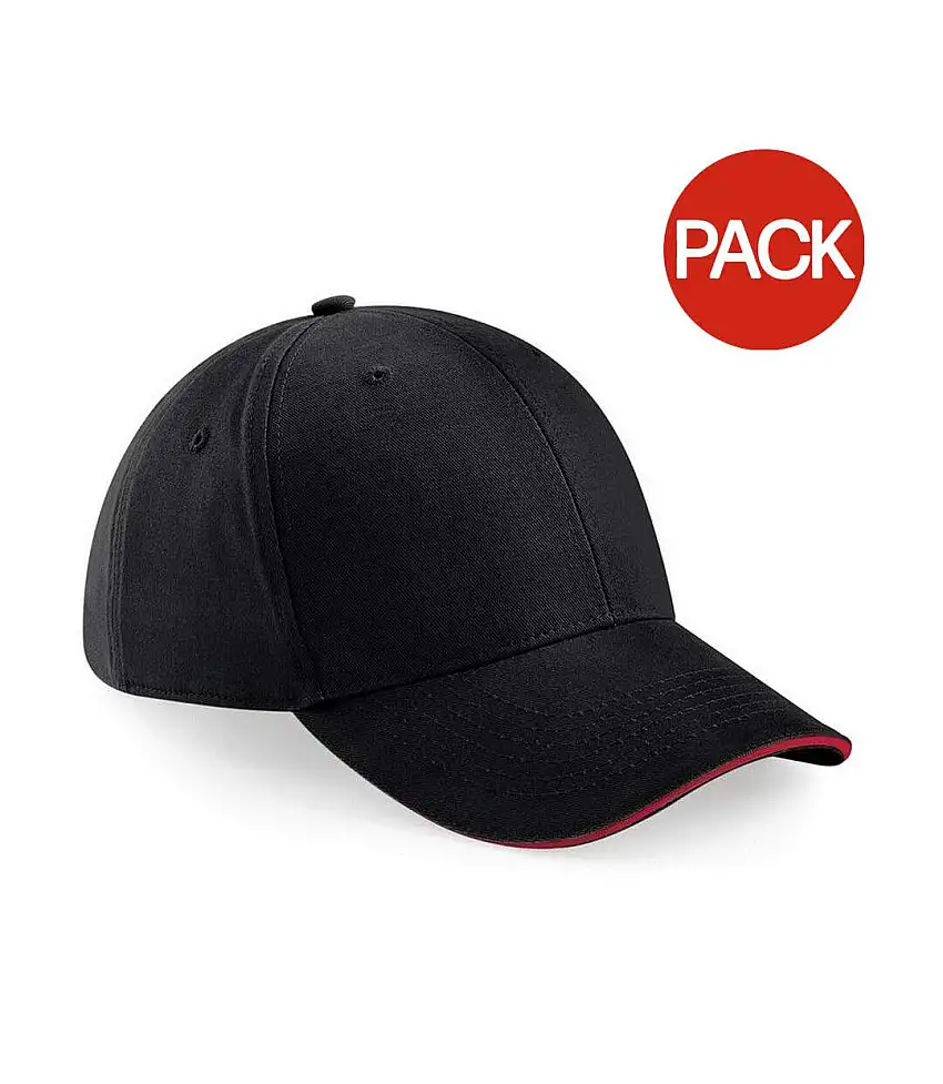 Beechfield Adults Unisex Athleisure Cotton Baseball Cap (Pack of 2) (Black/Classic Red) - UTBC4243