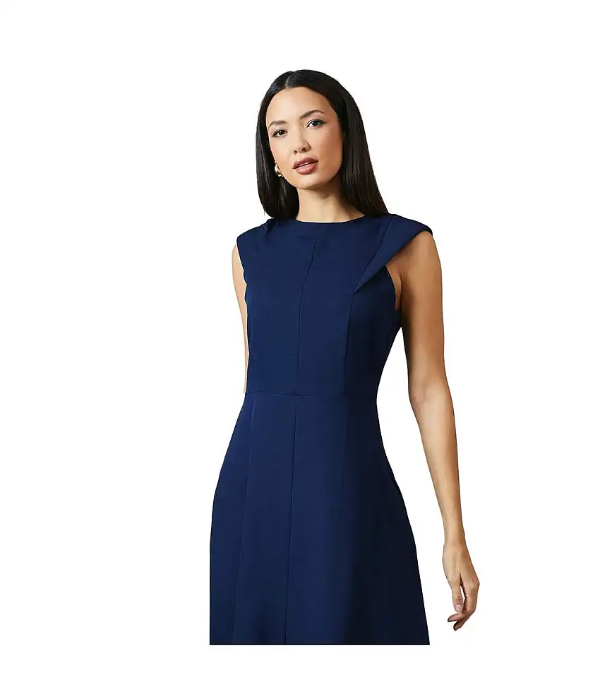 Womens/ladies Structured Fitted And Flared Midi Dress Navy Principles
