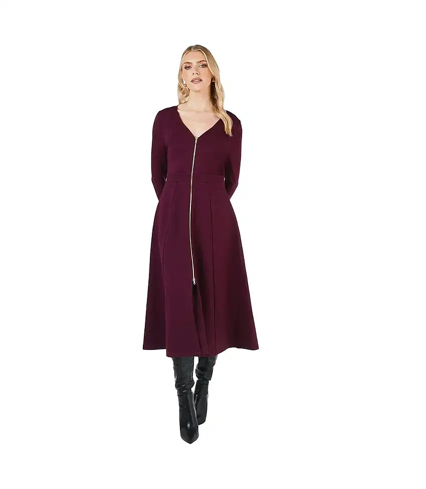 Womens/ladies Ponte Zip Front Midi Dress Plum Principles