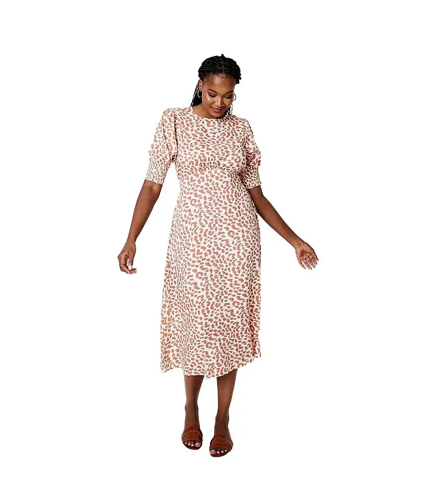 Womens/ladies Shirred Cuff Short-sleeved Midi Dress White Orange Dorothy Perkins