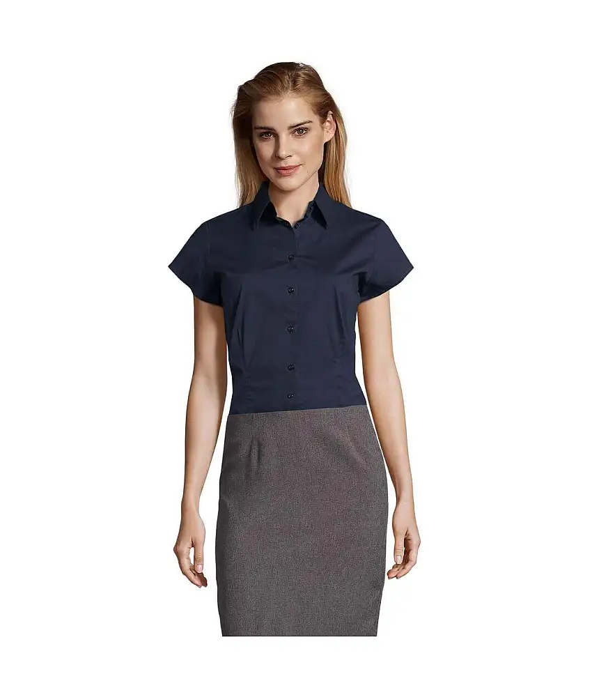 Womens/ladies Excess Stretch Short-sleeved Blouse Dark Blue SOLS