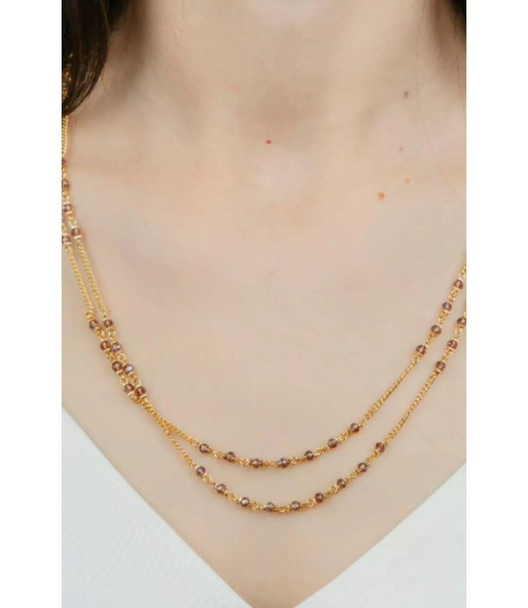 Two Strand Gold Pearl Necklace for Women , Multilayer Brass Red Pink Pearl Asian Jewellery, Thin Bohemian Stacking Dainty Chain Necklace