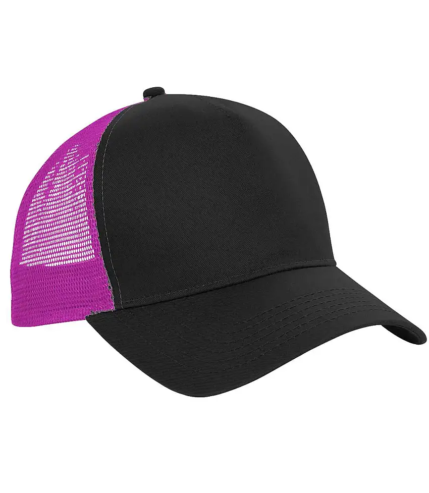 Beechfield Mens Half Mesh Trucker Cap / Headwear (Black/Fuchsia) - UTRW260
