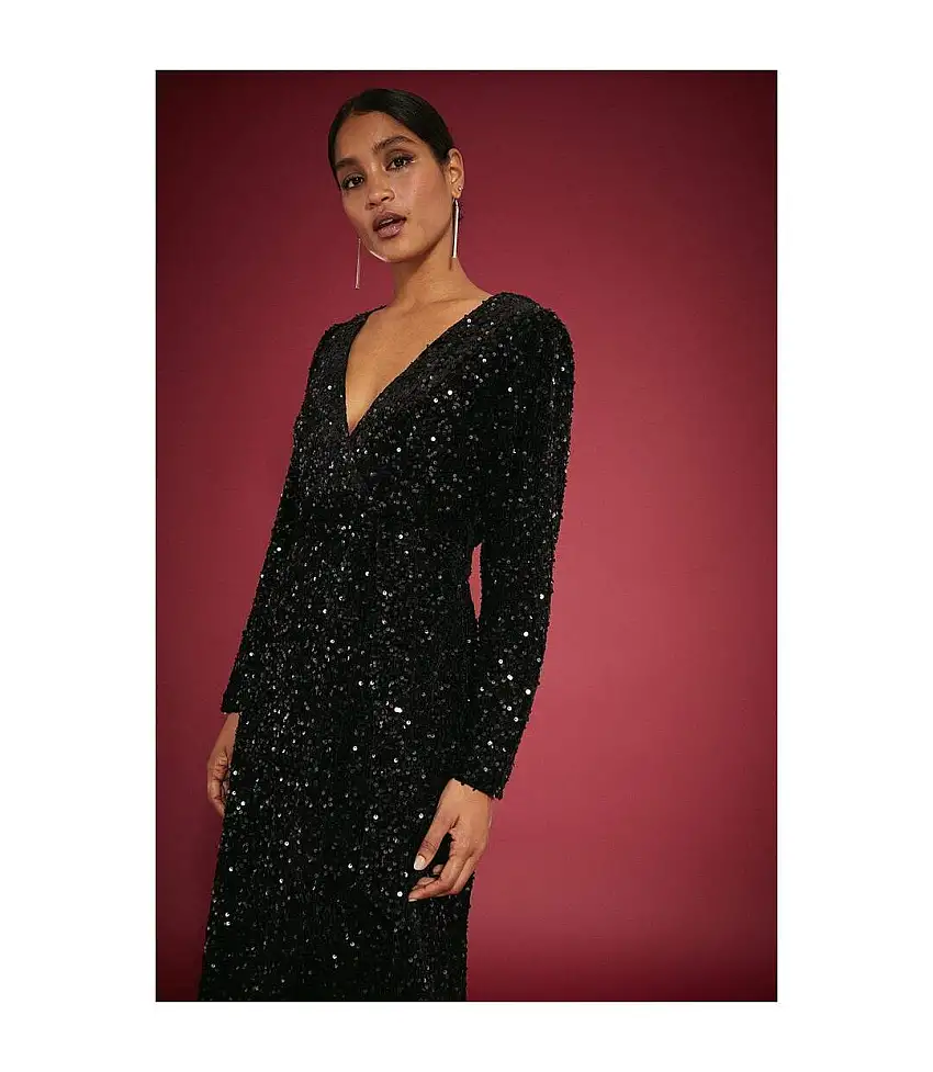 Womens/ladies Sequin Velvet Wrap Midi Dress Black Dorothy Perkins