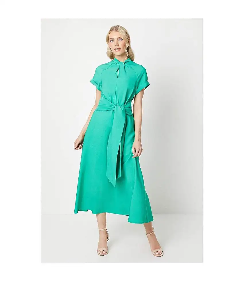Womens/ladies Twist Neck Fitted And Flared Midi Dress Green Debenhams