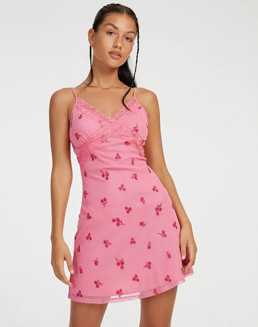 Coline Mini Dress in Pink Ditsy Daisy Embro