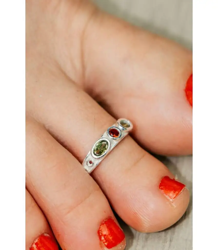 925 Silver Green Red Oval Stone Bohemian Foot Midi Toe Ring